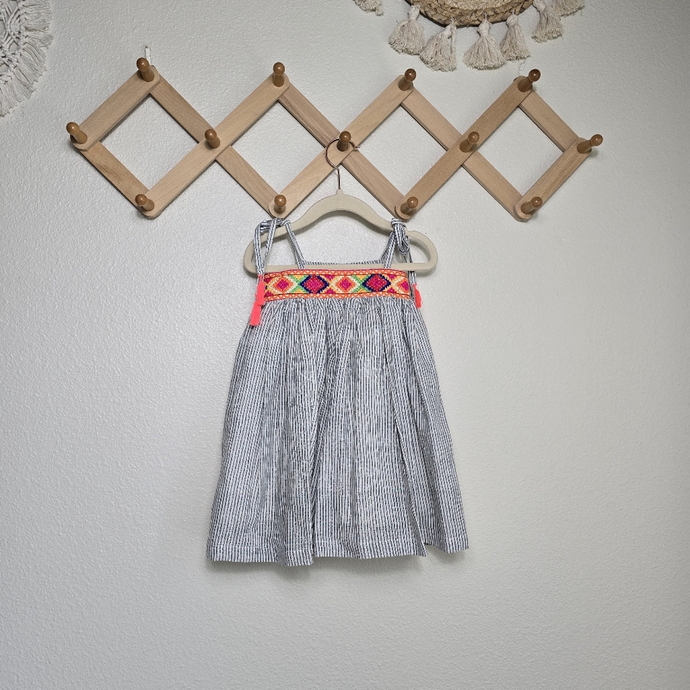Paisley Magic Striped Embroidered Pom Pom Girls Dress In Grey White NWT Size 24M